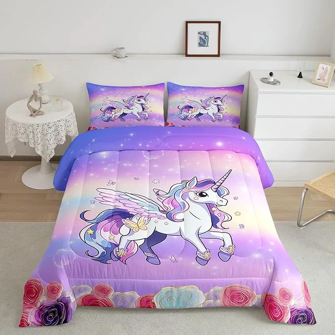 Fashionable Kids Girls Unicorn Comforter King Size Pink Purple Rainbow Comforter Set Bedding Set for Kids Adults Cartoon Unicorn Rose Flowers Duvet Set Ultra Soft Room Decor 3Pcs Quilt Set Premium