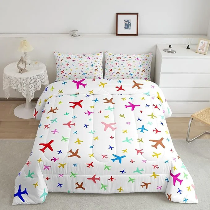 Advanced Castle Fairy Kids Aircraft Queen Size Comforter Set Watercolor Transportation Vehicles Down Comforter Bedroom Decor Boys Airplanes Colorful Soft Microfiber Inner Fill 3Pcs Bedding Environmentally Friendly