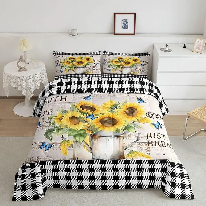 Trendy Castle Fairy Yellow Sunflowers Twin Size Down Comforter Set Rustic Farmhouse Style Duvet Quilt Set Soft Bed Collection Black White Plaid Retro Gingham Bedding Comforter for Boys Girls Bedroom 2 Pcs Smooth