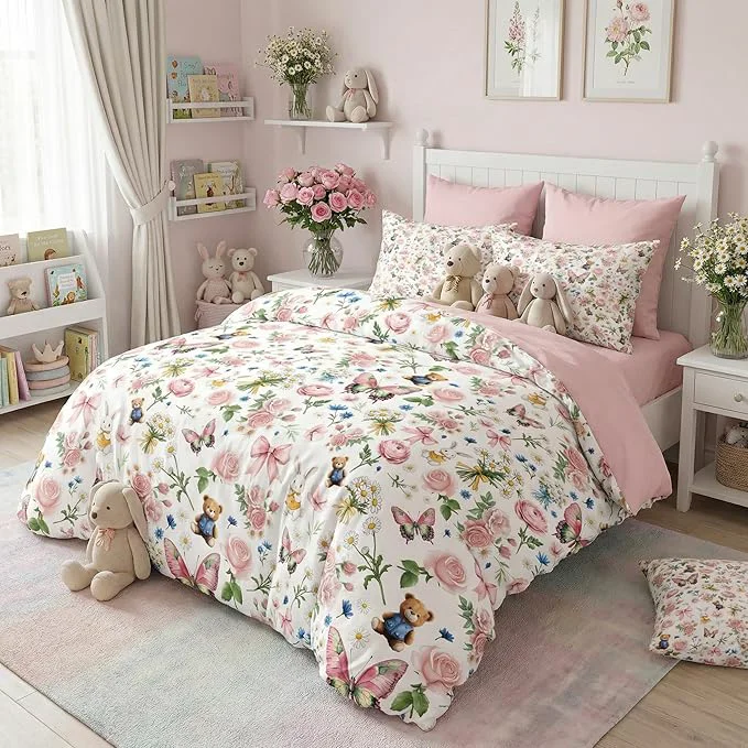 Trendy Full Size Pink Botanical Floral Comforter Set for Girls 3Pcs Pink Bow Butterfly Bedding for Priness Girly Bedroom Decor Cute Rabbit Bear Comforter Set with 2 Pillowcases 79 quot x90 quot Sophisticated