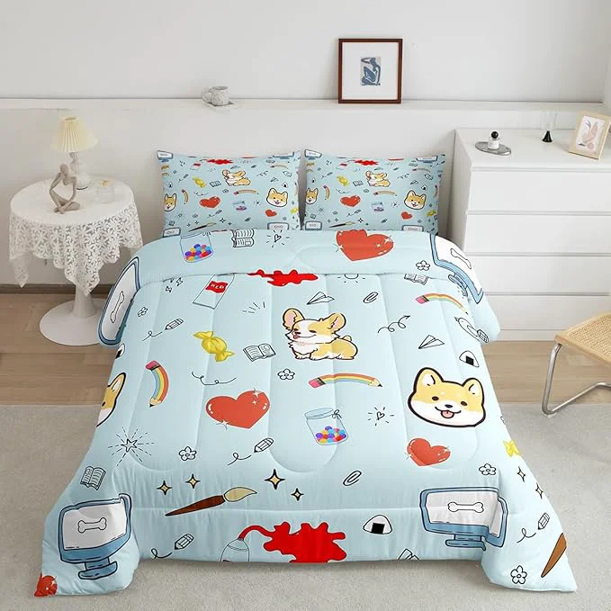 High-End Cartoon Dog Comforter Set for Kids Hippie Graffiti Painting Bedding Sets Teens Cute Room Decor Kawaii Puppy Pet Theme Duvet Set Quilt Set Twin 1 Comforter with 1 Pillow Case Crafted
