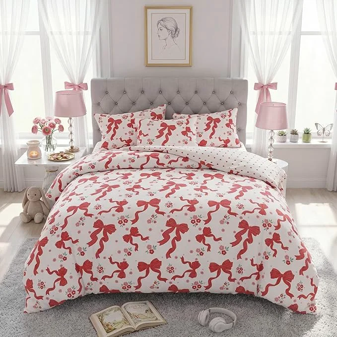Elite Red Bow Comforter Set Queen for Girls 3Pcs Ribbon Bowknot Bedding for Kids Kawaii Bedroom Decor Dreamy Priness Girly Puple Stripe Bows Comforter Set with 2 Pillowcases 90 quot x90 quot Long-Lasting