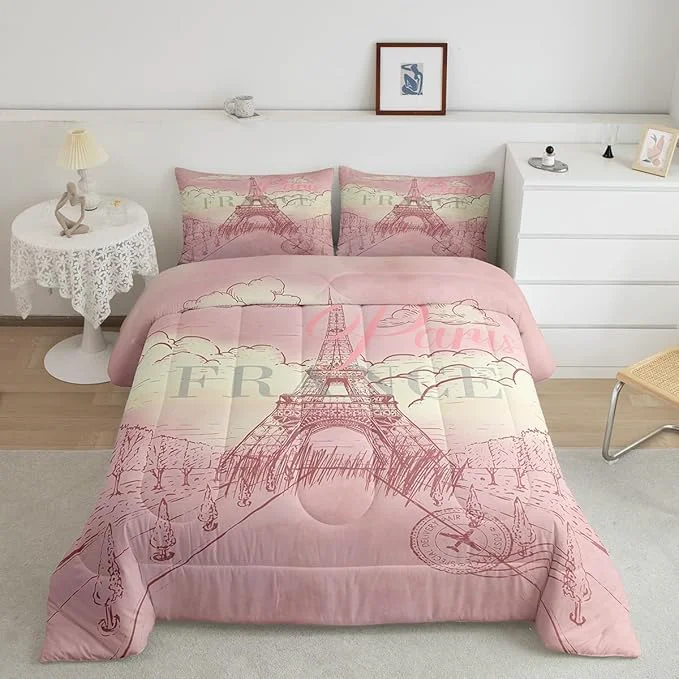 Original Castle Fairy Eiffel Tower Bedding Set for Boys Girls Retro Paris Style All Season Cozy Comforter Set Full Size Vintage Cityscape Girls Women Landmark Duvet Set Bedroom Décor Gift for Kids Luxury