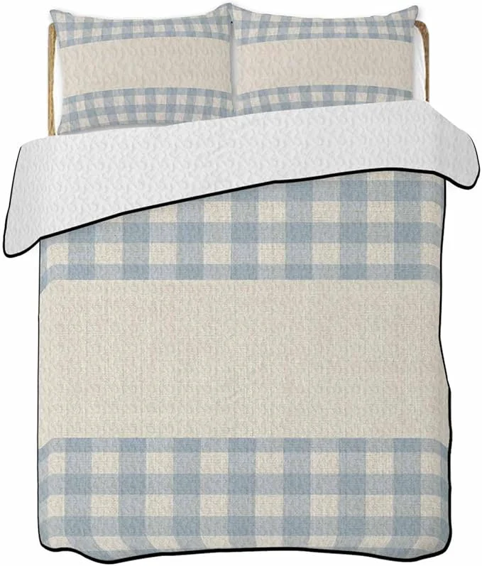 Next-Generation Quilts Queen Size Retro Blue Soft Comforter Bedding Set for Bed Farmhouse Buffalo Plaid Vintage Beige Lightweight Quilted Bedspread with Pillow Cover 2 Pieces for All Season 90×96 Inch Reliable