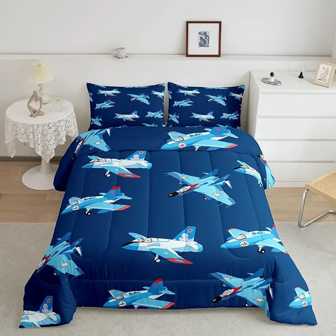 Quality Castle Fairy Kids Aircraft Boys Girls Comforter Set Full Size Cartoon Transportation Vehicles Duvet Sets Teens Bedroom Decor Boys Airplane Navy Blue Brushed Microfiber Soft Bedding Comforter Specialty