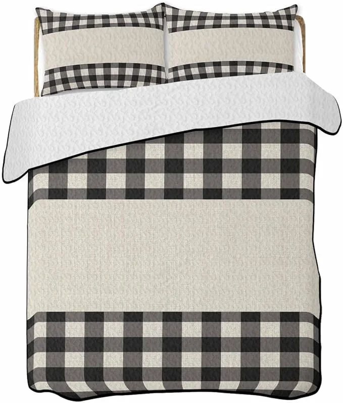 Outstanding Quilts Twin Size Retro Black Soft Comforter Bedding Set for Bed Farmhouse Buffalo Plaid Vintage Beige Lightweight Quilted Bedspread with Pillow Cover 2 Pieces for All Season 68×86 Inch Reliable