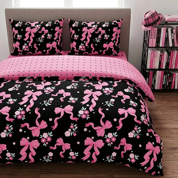 Detailed Pink Bow Comforter Set Twin Size Black Pink Love Heart Bedding Set 2 Pcs Soft Microfiber Priness Bed Set with 1 Pillowcase 68 quot x86 quot Relaxed
