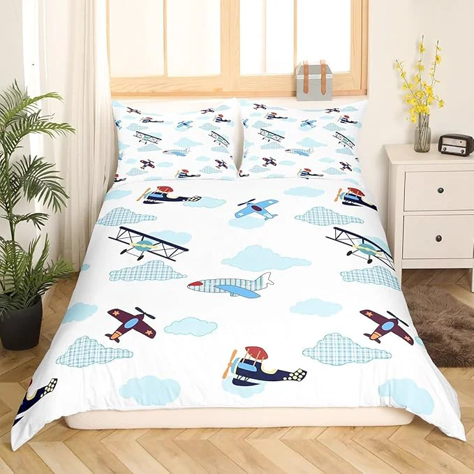 World-Class Castle Fairy Kids Aircraft Bedding Set Boys Teens Airplanes Duvet Cover Set Blue White Clouds Comforter Cover Chic Gingham Bedspread Cover Bedroom Quilt Cover 3Pcs Full with 2 Pillowcase No Comforter Crafted
