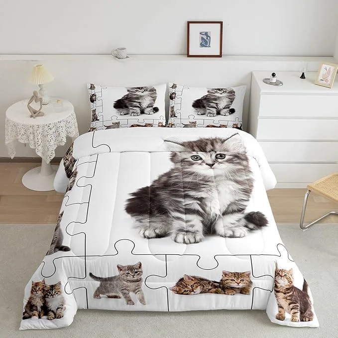 Flexible Castle Fairy 3D Cats Print Twin Size Down Comforter Set Cute Pet Theme Duvet Quilt Set Soft Bed Collection Lovely Kittens Kids Cartoon Animal Bedding Comforter for Boys Girls Bedroom 2 Pcs Prestigious