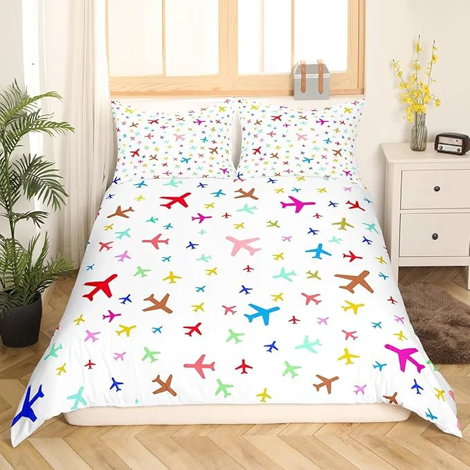 Superior Castle Fairy Kids Aircraft Bedding Set Watercolor Transportation Vehicles Duvet Cover Set Boys Airplanes Comforter Cover Colorful Bedspread Cover Bedroom Quilt Cover Queen No Comforter Exclusive