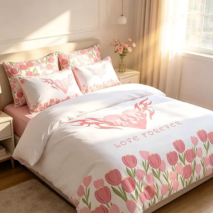 Exclusive Girls Pink Floral Comforter Set Twin Size Pink Tulip Soft Microfiber Bedding Set with Love Heart Pattern 3Pieces All Season Lightweight Summer Comforter Set for Girls Fine Crafted
