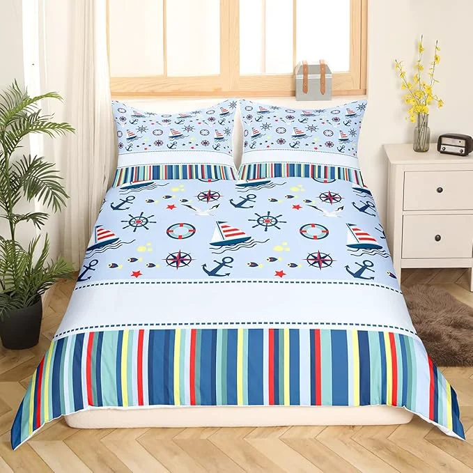 Eco-Friendly Castle Fairy Nautical Anchor Bedding Set Ocean Fish Seagull Blue Duvet Cover Set Outdoor Adventure Comforter Cover Red Blue Stripes Bedroom Quilt Cover Full with 2 Pillowcase No Comforter Trusted
