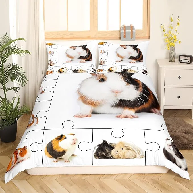 High-End Castle Fairy Guinea Pig King Size Duvet Cover Adults Lovely Animals 3D Cavy Comforter Cover with Pillowcases Cute Guinea Pigs Pet Ultra Soft Bedspread Decorative Quilt Cover No Comforter Sophisticated