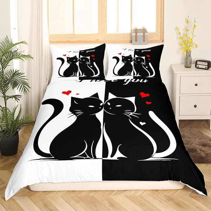 Premium Material Cats Lovers Bedding Set for Kids Boys Girls Cute Cat Valentine 39 s Day Comforter Cover Cute Room Decor Black White Couples Ultra Soft Duvet Cover Full Size Quilt Cover No Comforter Recyclable