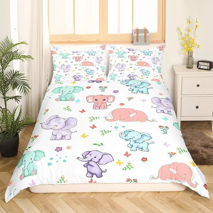 Quality Cartoon Elephant Duvet Cover Twin Size Watercolor Flowers Leaves Butterfly Bedding Set for Kids Teens Cute Wild Animal Elephants Comforter Cover Soft Quilt Cover No Comforter High-Quality