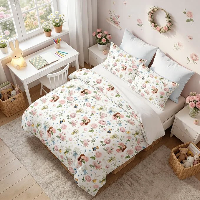 Quality Kids Priness Comforter Set Twin Size for Girls 2Pcs Pink Botanical Rose Bedding for Kids Kawaii Bedroom Decor Cute Girly Rabbit Bear Comforter Set with 1 Pillowcase 68 quot x86 quot Optimized