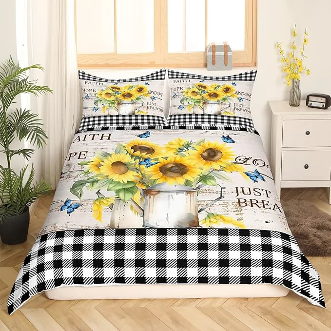 Fine Castle Fairy Yellow Sunflowers Bedding Set Rustic Farmhouse Style Duvet Cover Black White Plaid Comforter Cover Retro Gingham Bedroom Quilt Cover Full with 2 Pillowcase No Comforter Clean