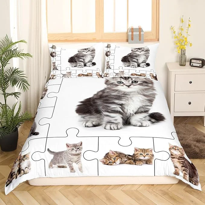 Casual 3D Cats Print Bedding Set Cute Pet Theme Duvet Cover Set Lovely Kittens Kids Comforter Cover Set Cartoon Animal Bedspread Cover Bedroom Quilt Cover 2Pcs Twin with 1 Pillowcase No Comforter Fast
