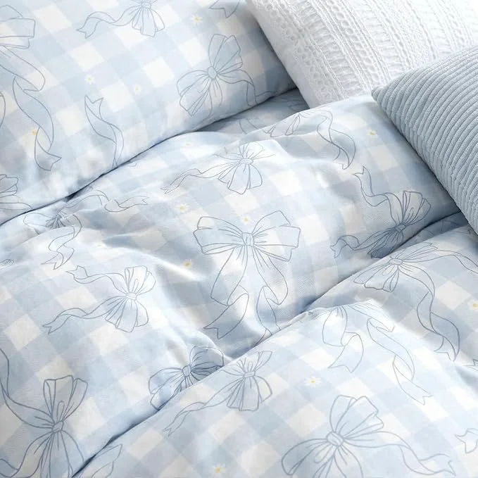 Stylish Blue Gingham Queen Comforter Set 3 Pcs Bow Bedding Set for Girls Checkered Plaid Comforter Set with 2 Pillowcases 90 quot x90 quot Dependable