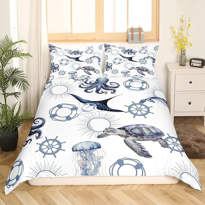Powerful Castle Fairy Sea Turtle Duvet Cover King Size Octopus Jellyfish Ocean Life Bedding Set for Teens Adults Nautical Style Sea Animals Comforter Cover Soft Quilt Cover No Comforter Comfortable