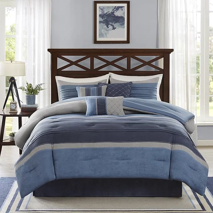Exceptional Madison Park Cozy Comforter Set Casual Modern Design – All Season Bedding Matching Bed Skirt Decorative Pillows Collins Suede Blue Grey King 104 quot x92 quot 7 Piece Practical
