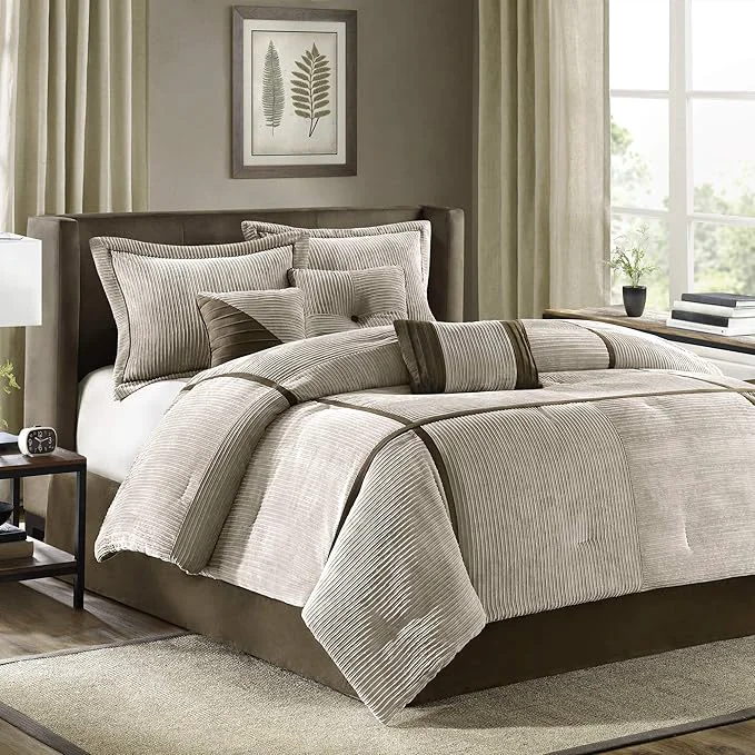 Secure Madison Park Cozy Comforter Set Casual Blocks Design All Season Matching Bed Skirt Decorative Pillows Queen 90 quot x90 quot Dallas Corduroy Taupe Brown 7 Piece Long-Lasting