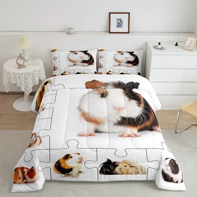 Elite Guinea Pig Bedding Set for Boys Girls Lovely Animals 3D Cavy All Season Cozy Comforter Set Full Size Cute Guinea Pigs Pet Duvet Set Bedroom Décor Gift for Kids First-Class