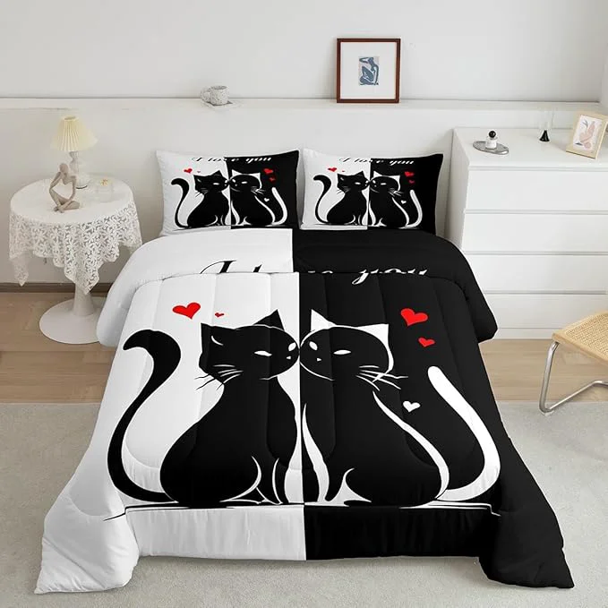 Eco-Friendly Cats Lovers Comforter Set King Cute Cat Valentine 39 s Day Bedding Set for Boys Girls Teens Bedroom Decor Black and White Couples Quilt Set Super Soft Duvet Set Gift for Her Him Dependable