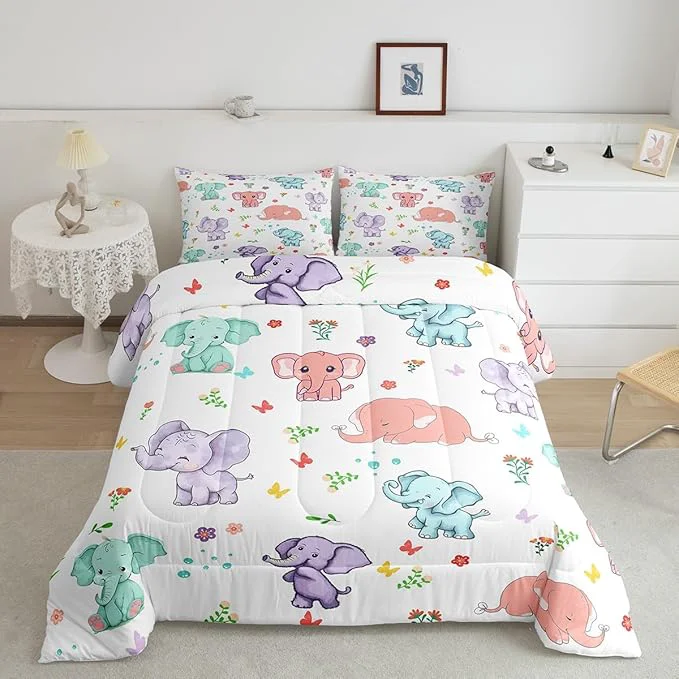 High-Quality Cartoon Elephant Boys Girls Comforter Set Full Size Watercolor Flowers Leaves Butterfly Duvet Sets Teens Bedroom Decor Cute Wild Animal Elephants Brushed Soft Bedding Comforter Contemporary