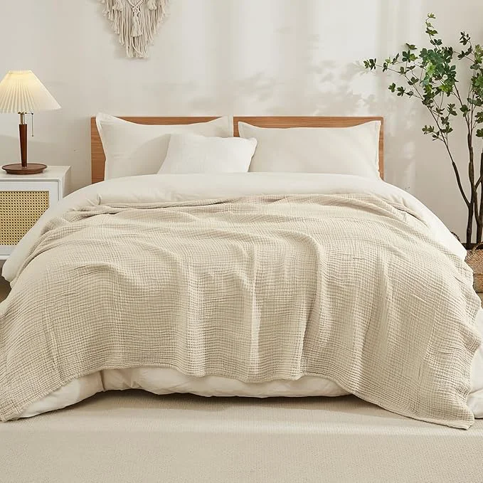 Stylish EMME Cotton Blanket Queen Size for Bed Soft Muslin Bed Blankets 90 quot x90 quot Light Tan Lightweight Breathable Bedspread Coverlet All Season Gauze Verified