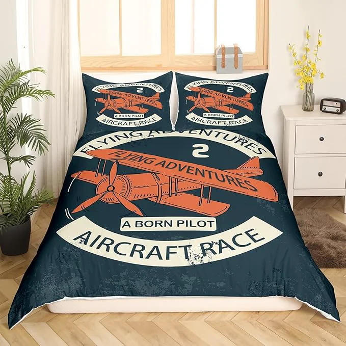 Clean Retro Aircraft Queen Size Duvet Cover for Teens Youth Vintage Airplane Orange Painting Comforter Cover with 2 Pillow Shams Flying Adventure Helicopter Bedding Set Microfiber Breathable No Comforter Elegant