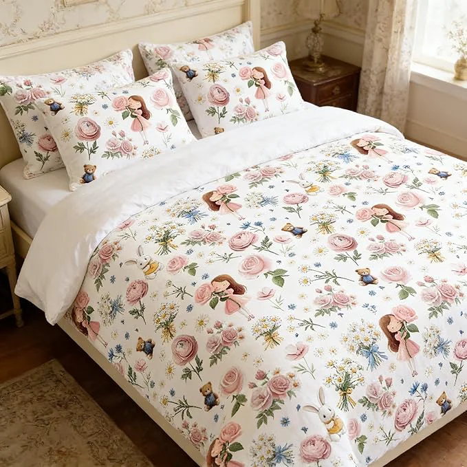 Optimized Pink Floral Bed in A Bag King for Girls 5Pcs Pink Rose Bedding for Kids Kawaii Bedroom Decor Cute Priness Girly Rabbit Bear Comforter Set with 2 Pillowcases 104 quot x90 quot Clean