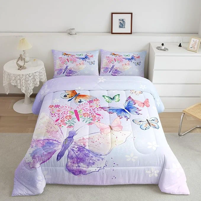 Sophisticated Purple Butterfly Comforter King Size Kids Girls Butterflies Comforter Set Bedding Set for Kids Adults Daisy Flowers Rustic Flying Animal Duvet Set Ultra Soft Room Decor 3Pcs Quilt Set Verified