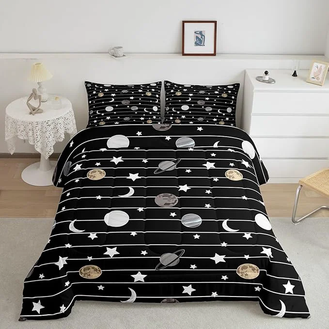 Casual Cartoon Planet Boys Girls Comforter Set Full Size Starry Galaxy Duvet Sets Teens Bedroom Decor Moon Night Black White Lines Brushed Microfiber Soft Bedding Comforter Superior
