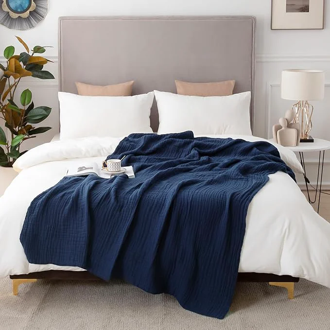 EMME Cotton Muslin Blanket King Size – Soft Breathable Layering Blanket 108 quot x90 quot All Season Gauze Navy Minimalist
