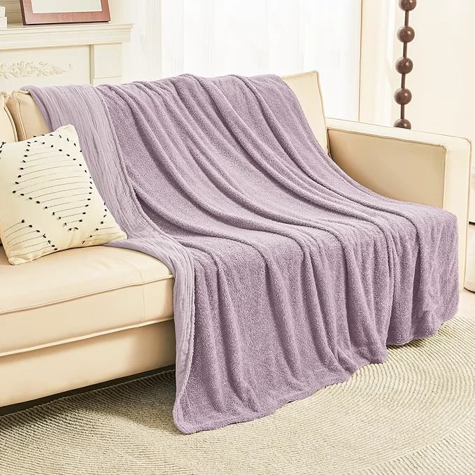 Selected EMME Muslin and Fleece Throw Blanket Reversible – 50 quot 60 quot Lavender Soft Warm Throw Blankets for Couch Bed Picnic Travel Bed Recyclable