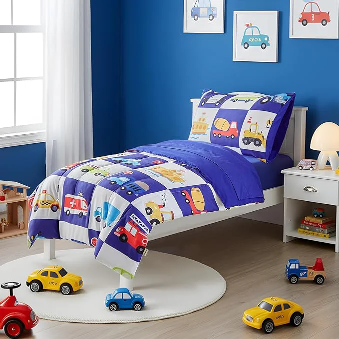 Traditional White Navy Toddler Bedding Set for Boys Girls Colorful Cars Vehicle Auto Fire Engine Bulldozer 4PC Toddler Bed Set – Soft Cute Toddler Plaid Patchwork Bed in a Bag with Sheet Set and Pillow Shams Verified