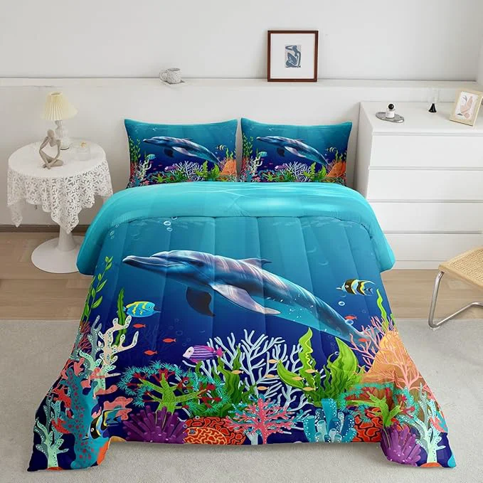 Environmentally Friendly Cute Dolphin Kids Comforter Set for Kids Ocean Fish Coral Bedding Sets Teens Cute Room Decor Cartoon Undersea Boys Girls Blue Underwater Duvet Set Quilt Set Twin 1 Comforter with 1 Pillow Case Outstanding