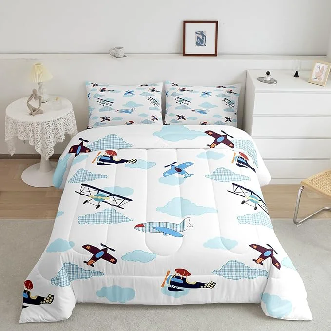 Authentic Castle Fairy Kids Aircraft Boys Girls Comforter Set Full Size Boys Teens Airplanes Duvet Sets Teens Bedroom Decor Blue White Clouds Chic Gingham Brushed Microfiber Soft Bedding Comforter Responsible