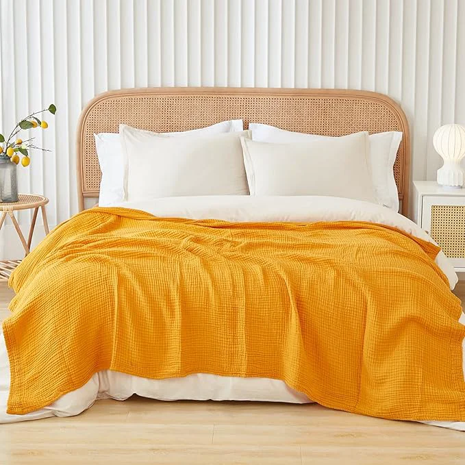 Organic EMME Cotton Muslin King Blanket Bed Layering Breathable Gauze Blanket Soft Lightweight Blankets Adults Mustard Yellow 108 quot x90 quot Effective