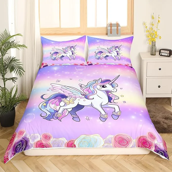 Organic Kids Girls Unicorn Bedding Set Pink Purple Rainbow Duvet Cover Set Cartoon Unicorn Comforter Cover Rose Flowers Bedspread Cover Bedroom Quilt Cover Queen with 2 Pillowcase No Comforter Carefully Designed