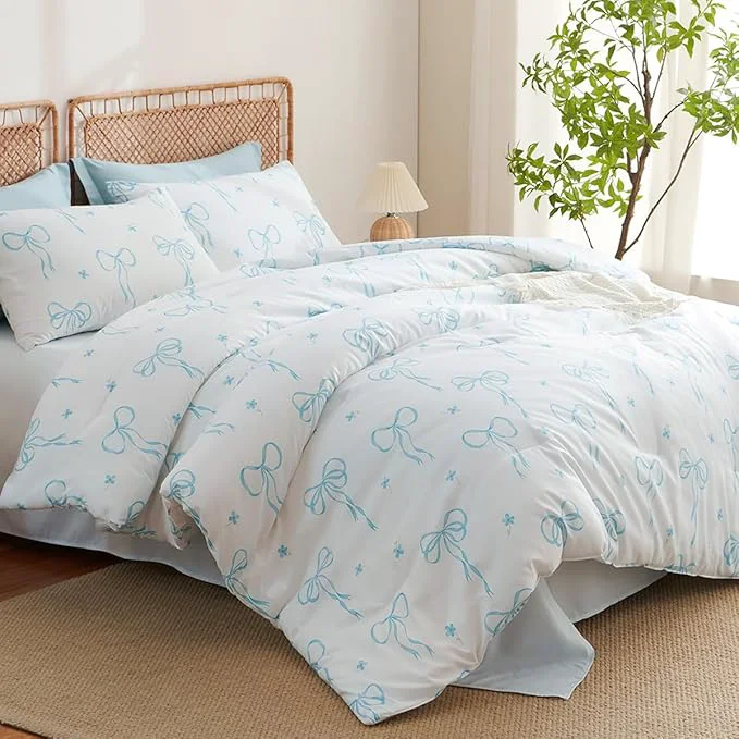 Carefully Designed Comforter Set Full Size White – Blue Bow Quilt Bedding Set 3 Pieces Comforter Set Full Soft Lightweight Comforter 79 x 90 for Girl All Season amp 2 Pillow Cases 30 x20 Luxury