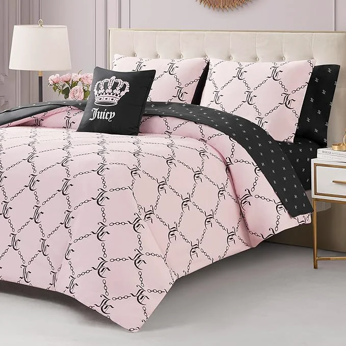Healthy Juicy Couture Light Pink Black Link Logo Printed Comforter Set King – Complete 8-Piece Bed in a Bag Collection Organic