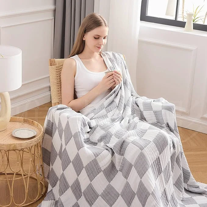 Easy-to-Use EMME Checkered Throw Blanket Cotton for Couch Soft Muslin Blankets 50 quot x60 quot Lightweight Breathable Cooling Soft All Season Gauze Light Grey User-Friendly