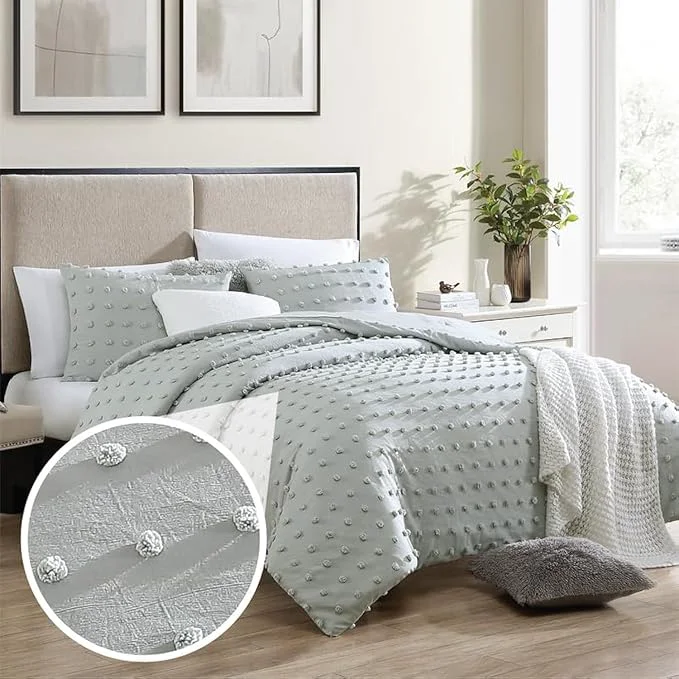 Clean Swift Home Full Queen Gray Comforter Set – Decorative Tufted Pom Poms Bedding Set – 3 Pieces Bed Linen 1 Comforter and 2 Pillow Shams Long-Lasting