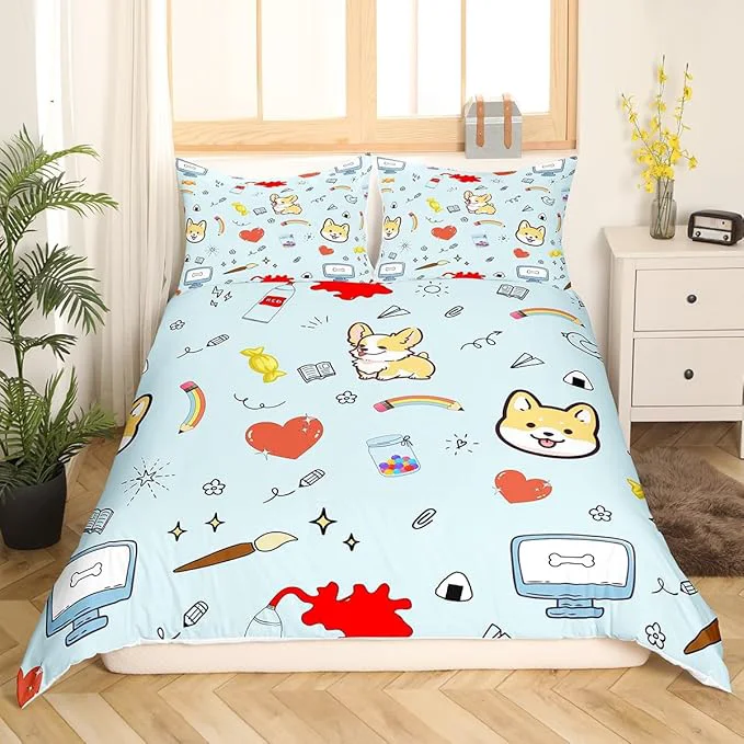 Sustainable Cartoon Dog Bedding Set Full Size Hippie Graffiti Painting Duvet Cover for Teenagers Bedroom Decor Kawaii Puppy Pet Theme Bed Set of 3 Piece with Zipper Closure No Comforter Optimized
