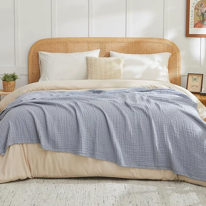 Reliable EMME Cotton Muslin Queen Blanket Bed Layering Breathable Gauze Blanket Soft Lightweight Blankets Adults Dusty Blue 90 quot x90 quot High-End