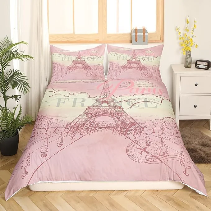 Casual Castle Fairy Eiffel Tower Bedding Set Retro Paris Style Duvet Cover Set Vintage Cityscape Comforter Cover Girls Women Landmark Bedspread Cover Bedroom Quilt Cover Queen with 2 Pillowcase No Comforter Excellent