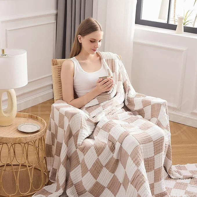 Responsible EMME Checkered Throw Blanket Cooling Cotton Blanket for Couch Soft Muslin Blankets 50 quot x60 quot Lightweight Breathable Cooling Soft All Season Gauze Light Tan Official