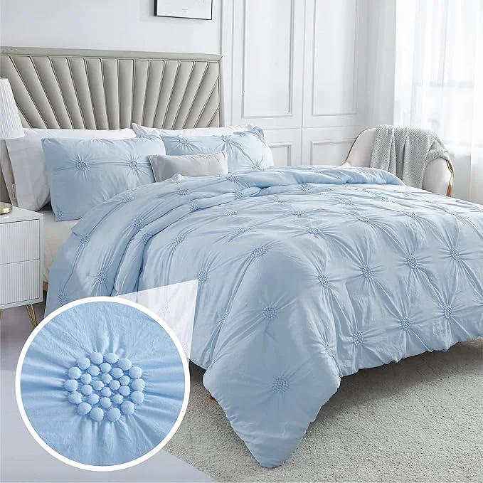 Soft Swift Home Full Queen Baby Blue Comforter Set – Ruched 3D Floral Pintuck Bedding Set – 2 Pieces Bed Linen 1 Comforter and 1 Pillow Sham Safe